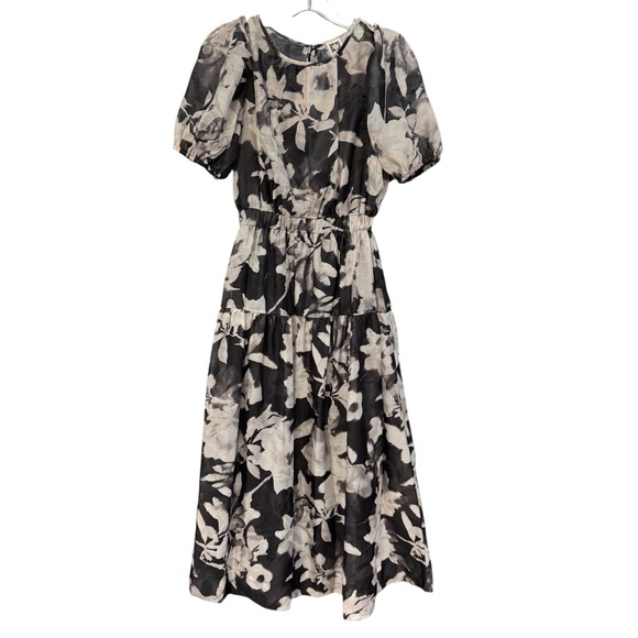Anne Klein XS Floral Puff Sleeve Tiered Midi Dress Black Beige - Picture 1 of 5